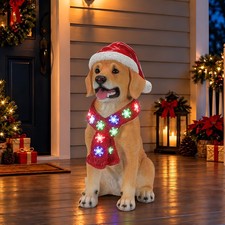 Lighted Christmas Golden Retriever Dog Statue Santa Hat LED Scarf Beige Black picture