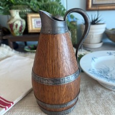 Vintage French Wooden Wine Pitcher - Staved Oak & Metal Barrel Cider Jug picture
