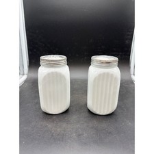 Vintage Milk Glass Salt and Pepper Shakers Art Deco Ribbed White Kitchen Set picture
