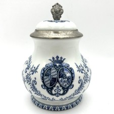 Salzburger Zinnstube Austria Lidded Beer Stein Porcelain Pewter Blue & White picture