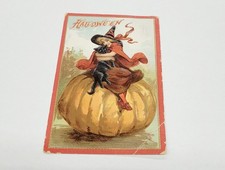 Atq Tuck's 174 Halloween Postcard Red Witch Black Cat Big Pumpkin Posted picture