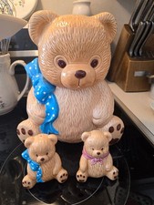 Vintage Brown Teddy Bear ceramic cookie Jar with matching shakers blue polka dot picture