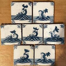 Seven 1500's/1600's Dutch Delft Faience Tiles with Sea Monsters/Serpents/Fish picture