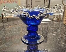 Cobalt Blue Art Glass Clear Fluted Ruffled Rim Edge Footed Pedestal Dish Compote picture