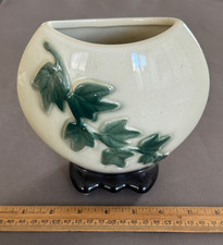GREEN & WHITE GLAZED CERAMIC EMBOSSED IVY VASE PLANTER VINTAGE ROYAL COPLEY picture