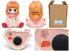 Vintage Lefton China Ceramic Girl Coin Bank Pink Big Eyes w Box Japan 6” picture