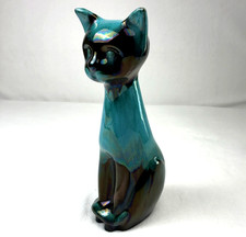 VTG Blue Mountain Pottery 14” Siamese Cat MCM Turquoise Iridescent Drip Glaze picture