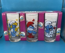 (3) NIB Vintage Smurfs Glass Tumbler Cup Set 1996 Papa Smurf Smurfette Peyo picture