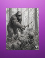 Bigfoot Stops Deer Hunter ACEO | Black White Cryptid Art | Sasquatch Forest picture