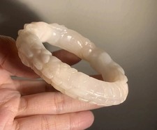 55.5mm Natural Mongolian Jade Bangle/Shetei Cui/Hand Craved Two Dragons picture