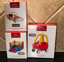 Hallmark Lot of 3 Little Tikes Fisher-Price Ornaments Cozy Coupe Bouncer Wagon picture