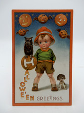 John Winsch Freixas Halloween Postcard Boy with Puppy  Flying JOLS Owl MINT picture