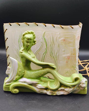 Vtg 1950s MCM Mermaid TV Lamp Green Ceramic Original Fiberglass Shade Works picture