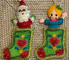 Vintage Felt Sequin Santa Claus & Doll In Stockings Christmas Ornaments Lot Of 2 picture