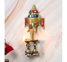 Gemstone Work Brass Ganesha Wall Hanging Diya with Bells for Home Decor picture