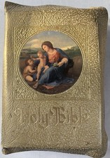 VTG 1953 Catholic Holy Bible Marian Edition Padded Gold Leatherette Illustrated picture