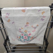 Vintage White Cotton Terry Hand Towel Pink Roses Butterfly Floral Print 35x22 picture