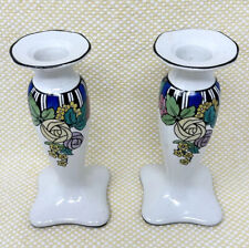 ATQ  Ceramic Candle Holders ART NOUVEAU Stylized Flower Whieldon Ware Raglan 6”H picture