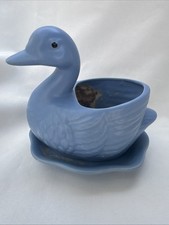 Vtg CDP Light Blue Ceramic 6” Duck Goose Planter With Attached Saucer picture