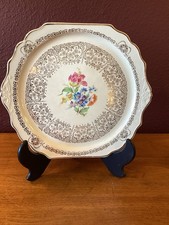 Vintage Queen Anne Porcelain Square Handled Serving Platter With 22K Gold Trim picture