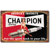 Champion Spark Plug Tin Sign Garage Sign Vintage Replicas 70's Racing Black Red picture