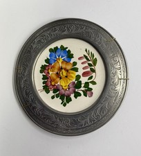 Vintage Pewter Frame & Floral Ceramic Plate Wall Hanging Signed Haud Gewalt picture