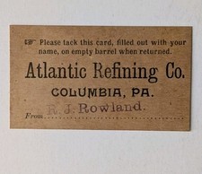 Antique Atlantic Refining Co Columbia PA Barrel Return Tag Oil Advertising picture