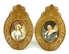 Pair Vintage Gilt Brass Filigree Oval Frames Laughing Cavalier Rococo Lady picture