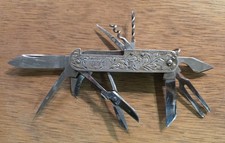 Vintage Sterling Silver Antique Etched Multi Tool Pocket Knife  picture