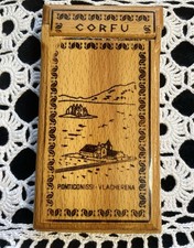 Vintage Greek Olive Wood Notepad Holder Map Kepkypa Corfu Ancient Greece Decor picture