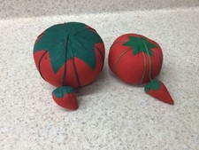 1960's Vintage TOMATO/STRAWBERRY PIN CUSHION/EMERY for SEWING BOX Owner  2 SIZES picture