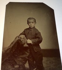 Antique Adorable Victorian American Little Boy, Striped Socks Tintype Photo picture
