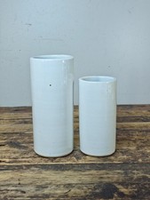 Signed Studio Pottery Vase Pair White Crackle Glaze Cylinders Modernist Style picture