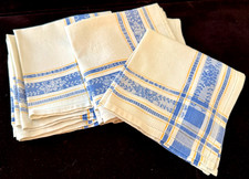 12 Vintage French Jacquard Luncheon Napkins in White, Blue & Yellow  B391 picture
