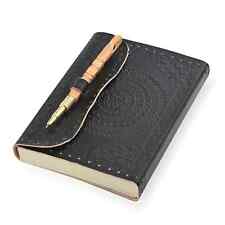 Black Genuine Leather Flower Embossed Journal with Wooden Pen Paper Notebook picture