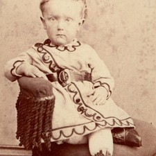 c1870s CDV Photo Victorian Child Soutache Braid Tunic Dress Fringed Stool Boots picture