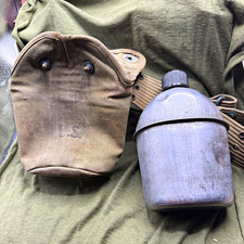 Vintage US Military Canteen w/ Canvas Cover & Web Belt Strap Marked S MCO 1943 picture