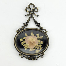 Pressed Flower Wall Art Ornate Gold Metal Oval Bow Rose Frame Botanical Vintage picture