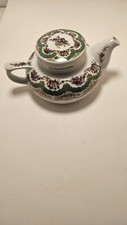 Andrea By Sadek Teapot Porcelain Green & White Floral Pattern Gold Trim On Rim picture