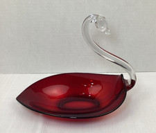 Vintage Mid-century Ruby Red Art Glass Swan Dish  9