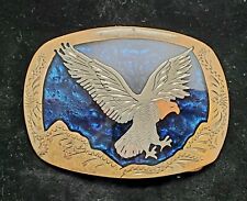 VTG WESTERN ALPACA MEXICO EAGLE BLUE BACKGROUND OVAL BELT BUCKLE SILVER-TONE picture