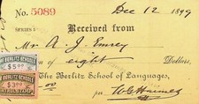 1899 THE BERLITZ  SCHOOL OF LANGUAGES ORIGINAL RECEIPT WITH STAMPS - KK-22 picture