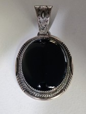 Large Vintage Navajo Patrick Yazzie Sterling & Onyx Oval Pendant picture