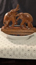 MINT-Vintage Hand Carved Teak Wood Elephant Sculpture Mid Century Fighting Pair  picture