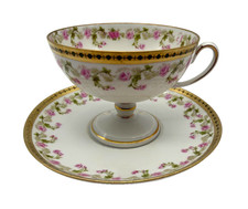Antique MZ Austria Footed Pedestal Floral Porcelain Teacup Saucer Set c1884-1909 picture