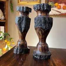 Chrysanthemum Wooden Candle Holders Large Set Bohemian Woodsy Cabin Lodge Decor picture