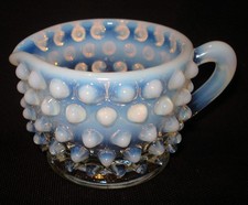 Vintage Fenton French White Opalescent Glass Hobnail Handled Creamer Pitcher Jug picture