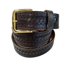 Vintage JAY-PEE Mens Brown Leather Belt Basketweave Woven Brass Buckle / Sz 40 picture