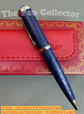 CARTIER Santos Navy Blue Embossed Pattern Ballpoint Pen Silver Tone Luxury Rare picture
