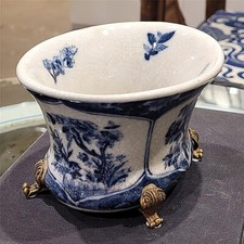 Blue, White Chinoiserie Porcelain Planter. Bronze Accents. Hand Painted (6”L) picture